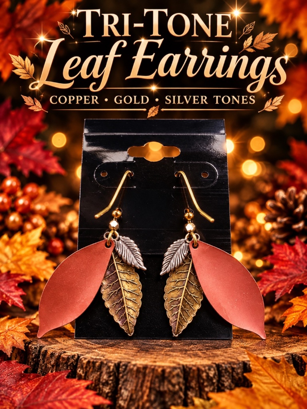 Tri-Tone Leaf Dangle Earrings Copper Gold Silver Boho Autumn Jewelry